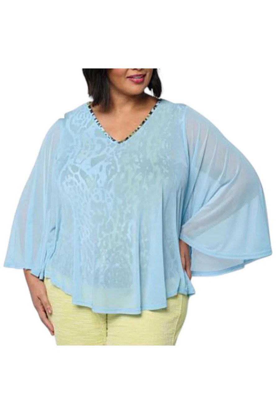 Vivica A. Fox Women's Overlay Mesh Flutter-Sleeve Top Blue Leopard - Regular